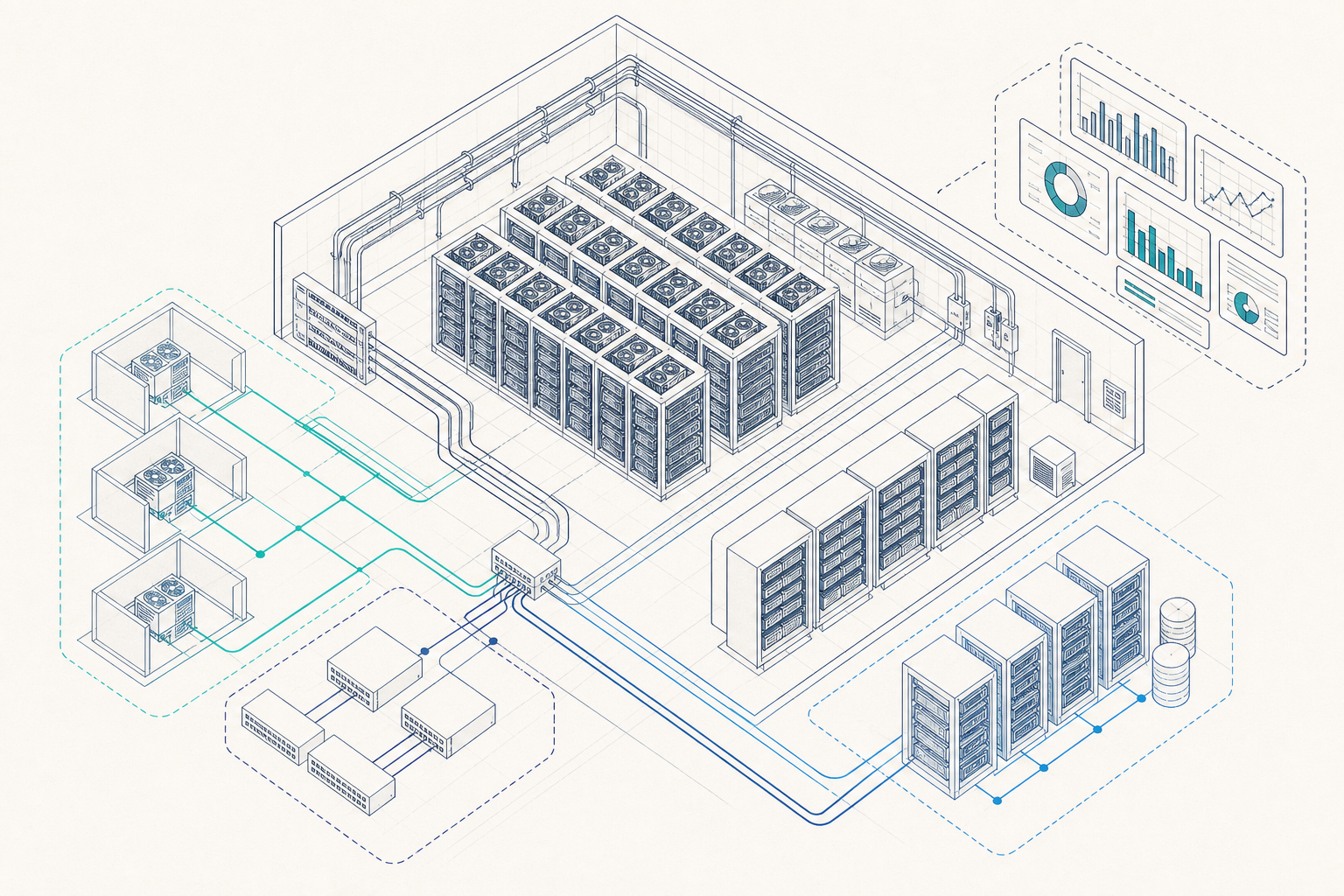 Compact GPU cluster with isolated tenant lanes, storage nodes and metering panels representing agent sandbox infrastructure.