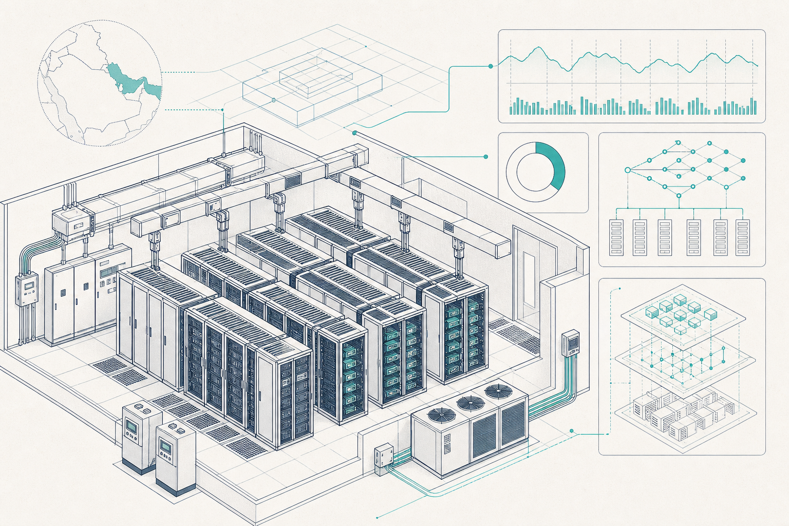 GPU racks with power meters and an orchestration dashboard showing utilisation and tenant quotas