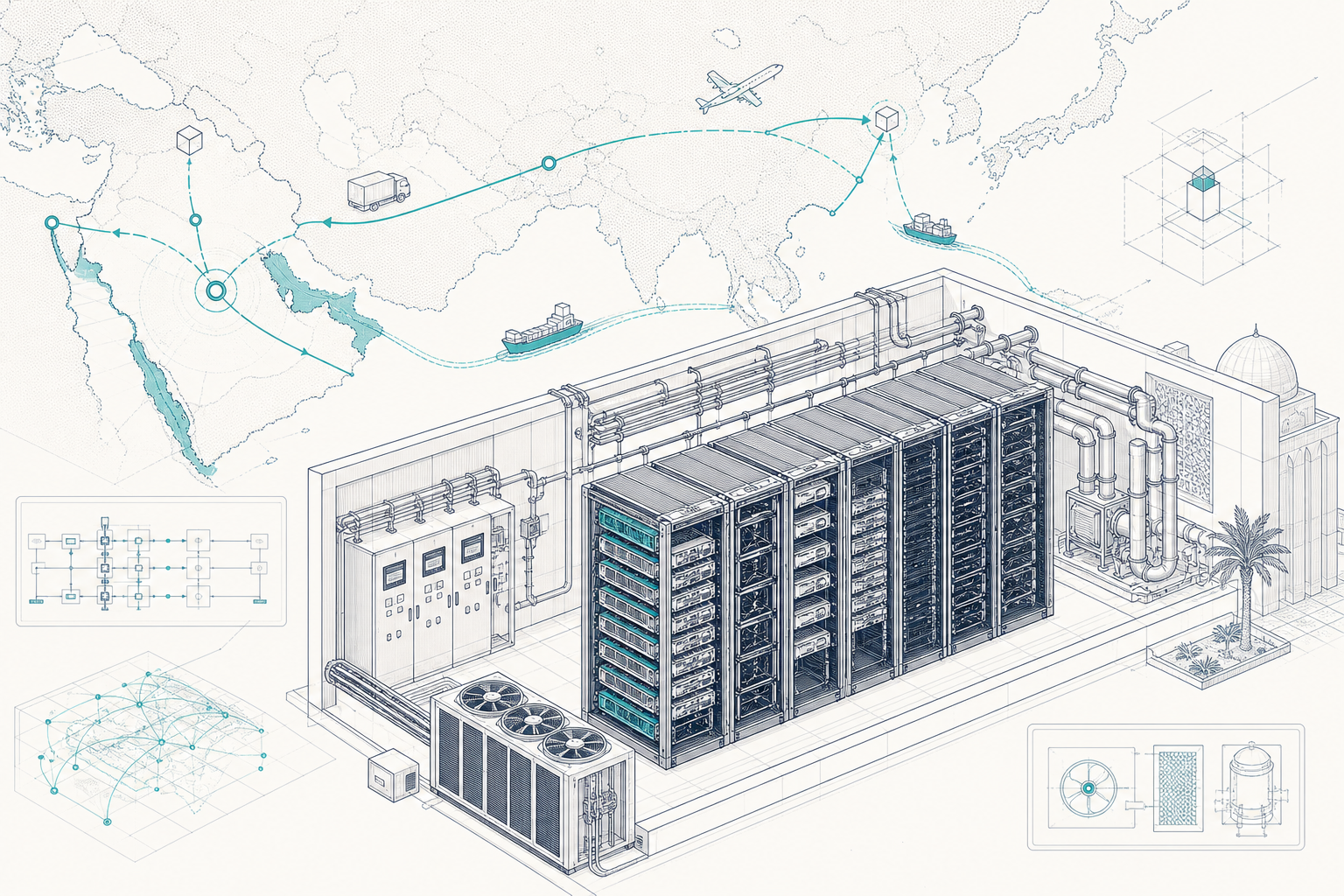 Compact GPU data centre racks with meters and a map linking Asian AI infrastructure expansion to MENA operators