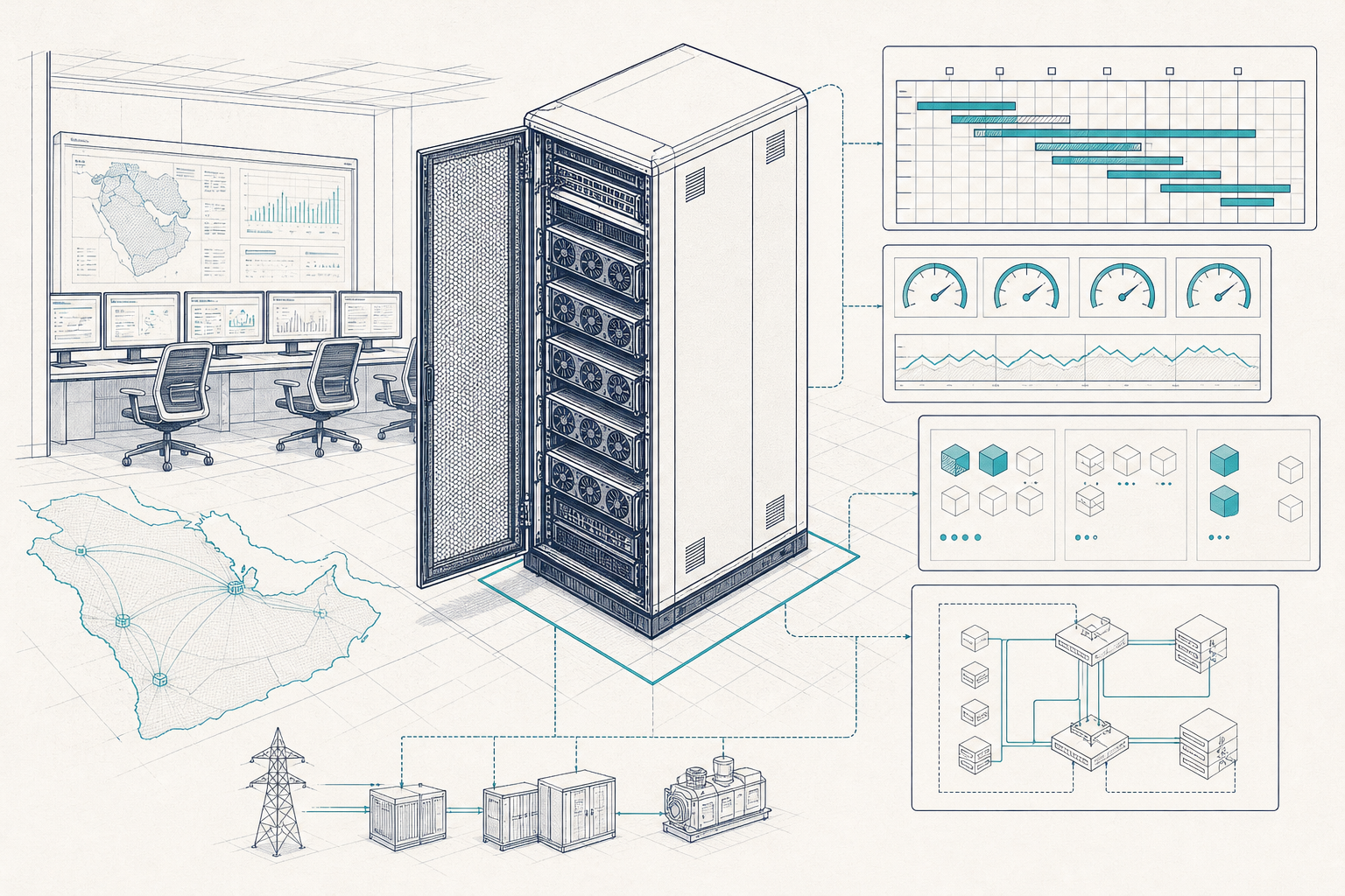 A small GPU cluster operations room with racks, power meters, and utilization dashboards.