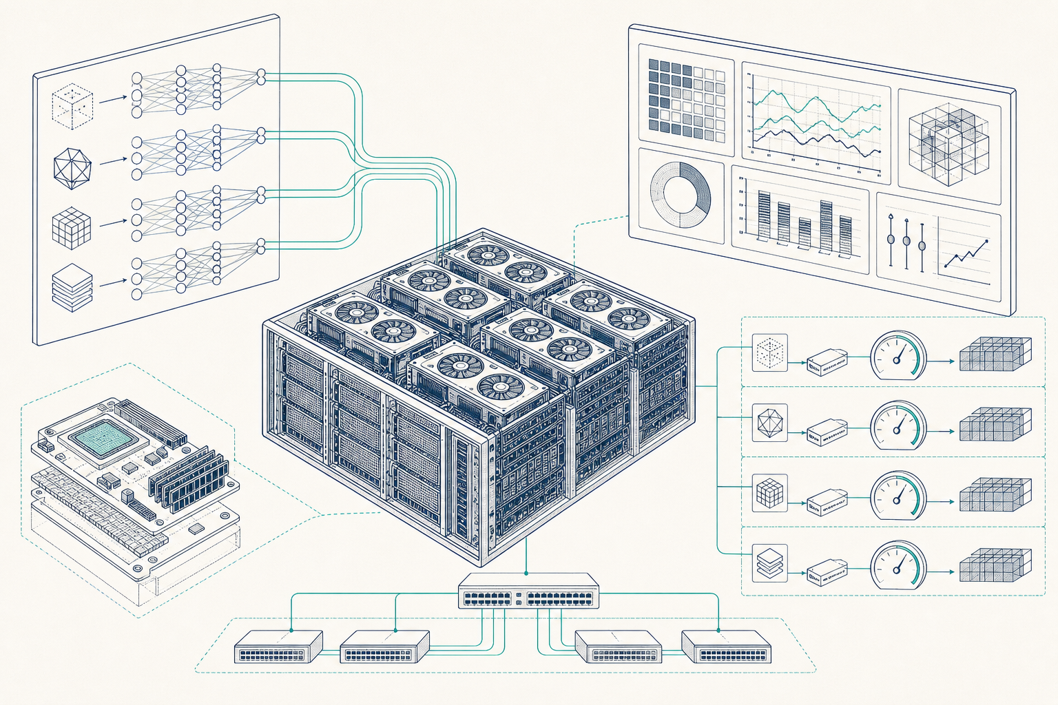 Compact GPU racks with model routing lanes and utilization meters