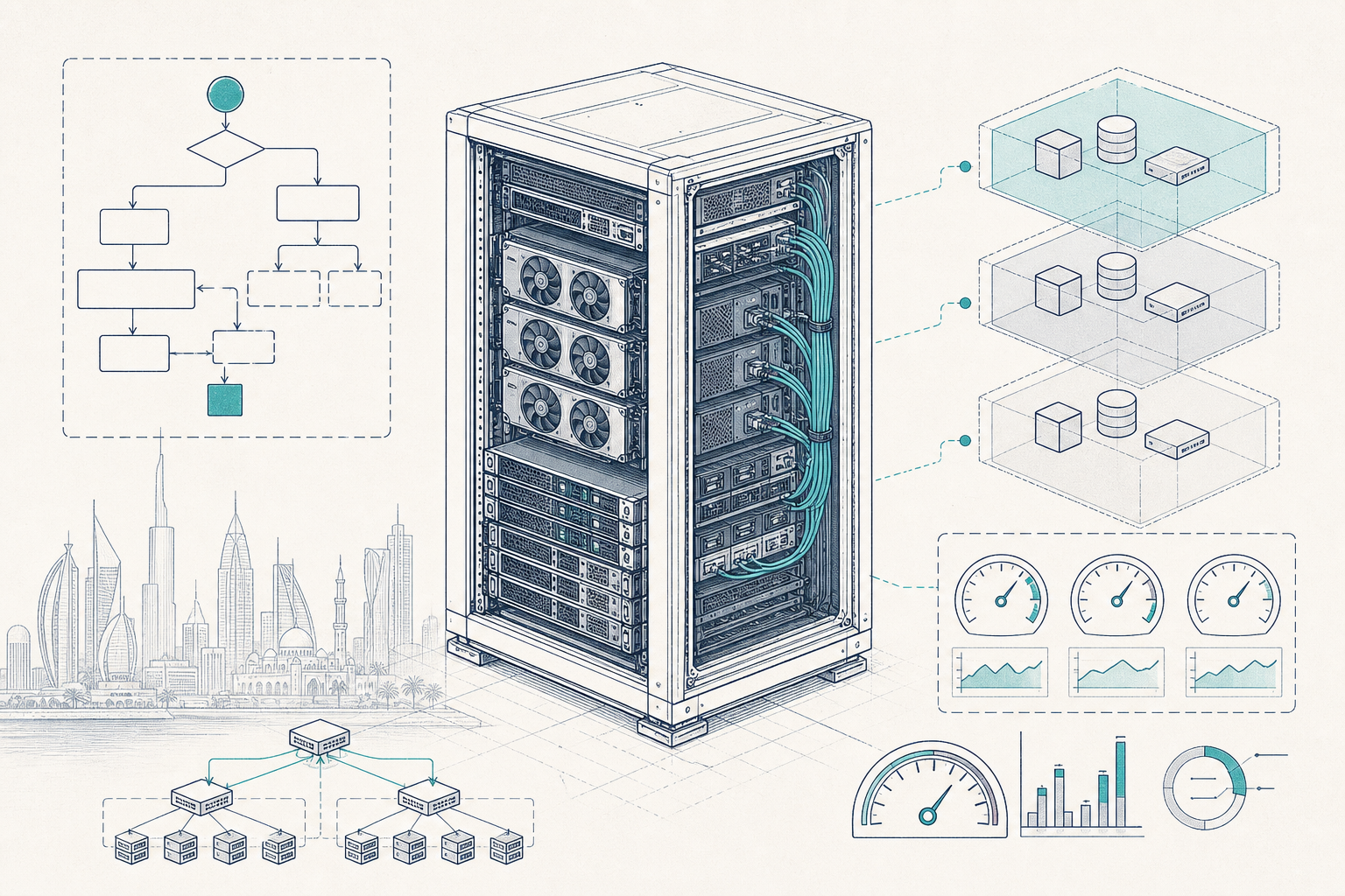 GPU rack with procurement workflow overlays, tenant boundaries and metering gauges for Gulf AI infrastructure