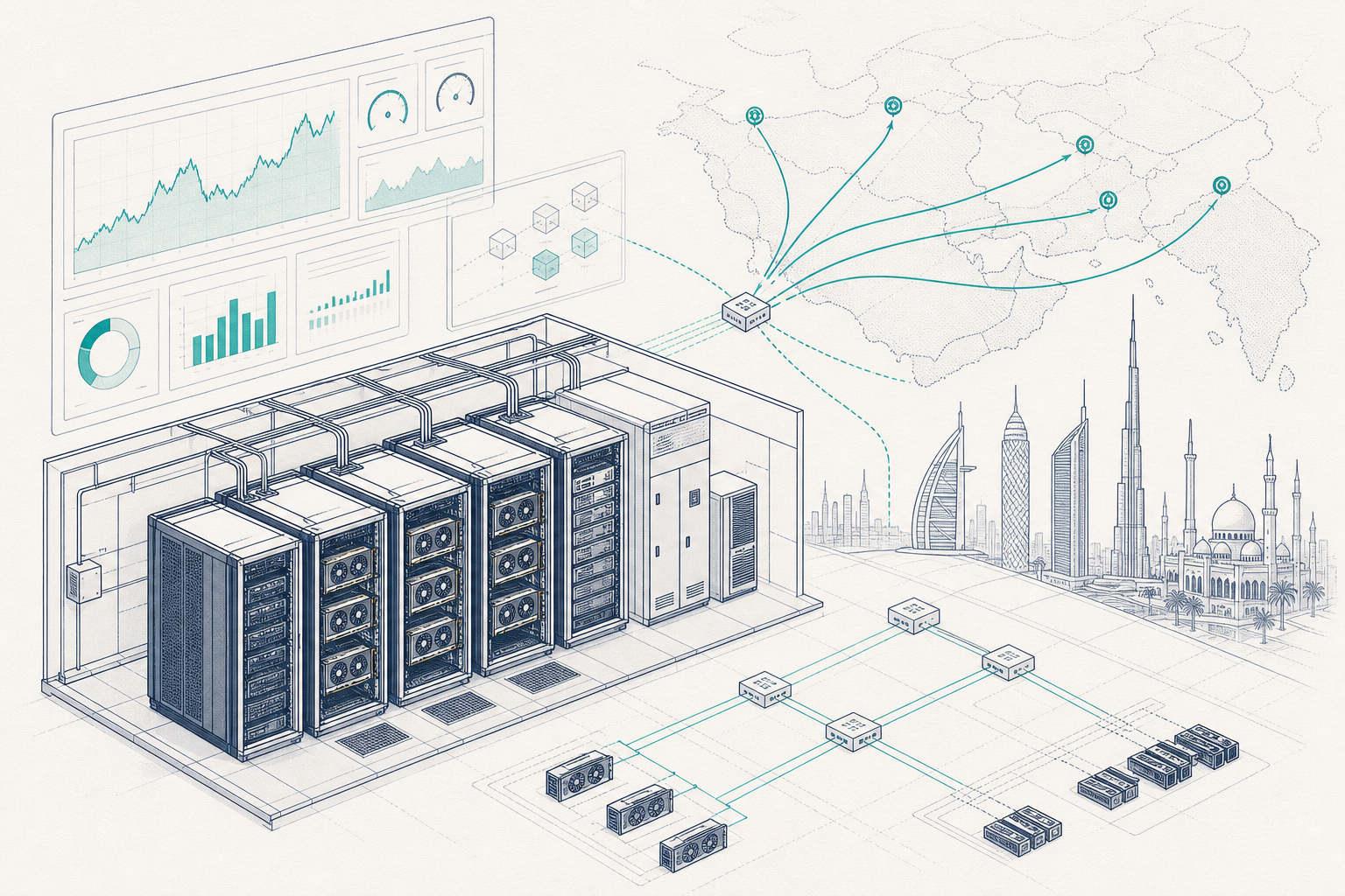 On-prem GPU racks with metering dashboards and price routing charts for transparent compute costs.
