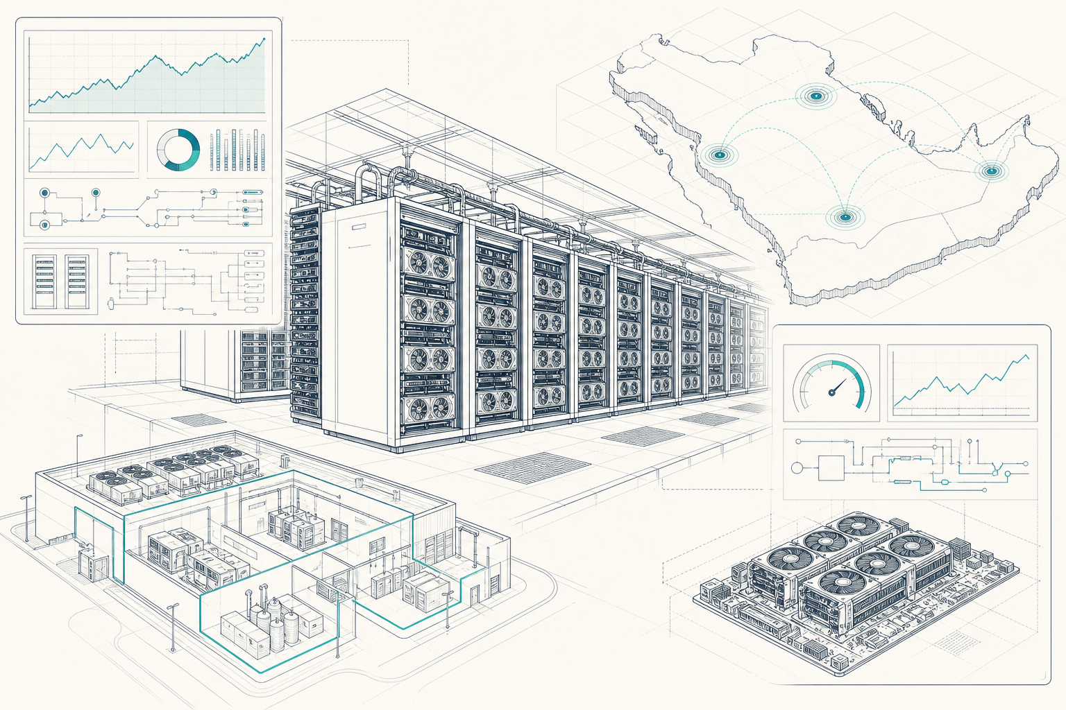 GPU racks in a GCC data center with dashboards showing utilization, price benchmarks, and placement decisions