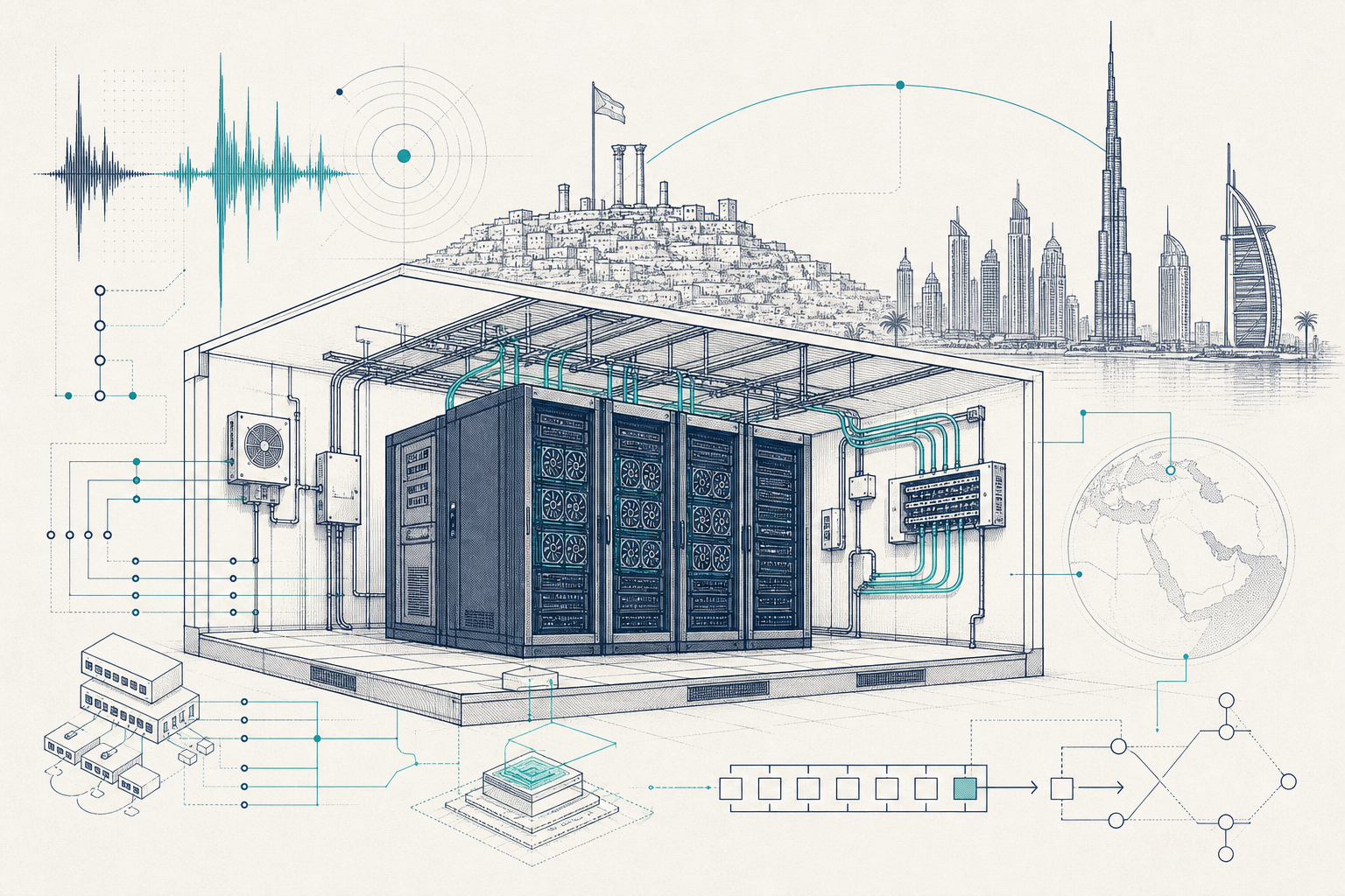 Server racks with GPU nodes and telephony waveform overlays representing enterprise voice AI infrastructure in MENA.
