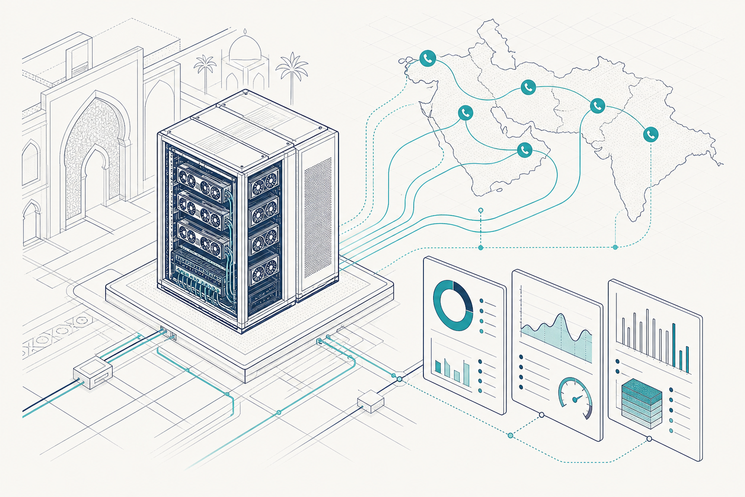 GPU rack with voice AI call flows and infrastructure dashboards for utilisation, tenancy and metering