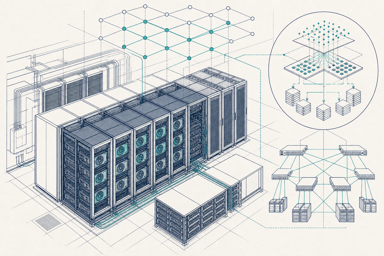 GPU racks connected to storage and network fabric with a search index diagram overlay