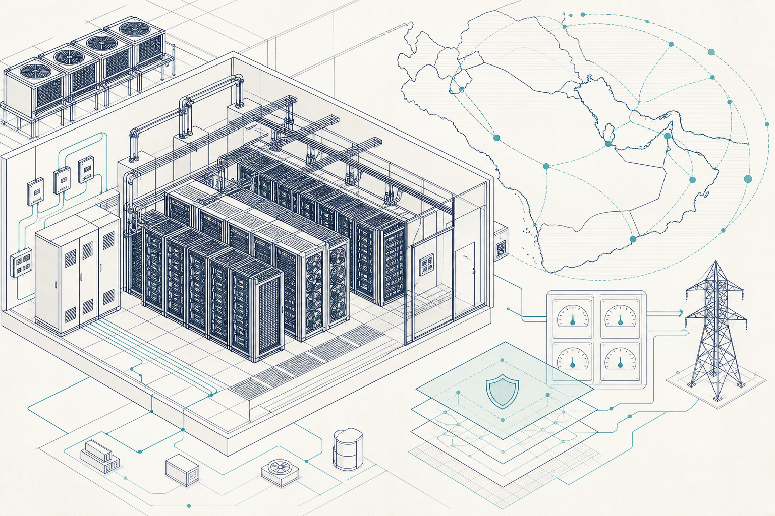 GPU racks with metering and policy overlays representing sovereign AI infrastructure in the GCC.