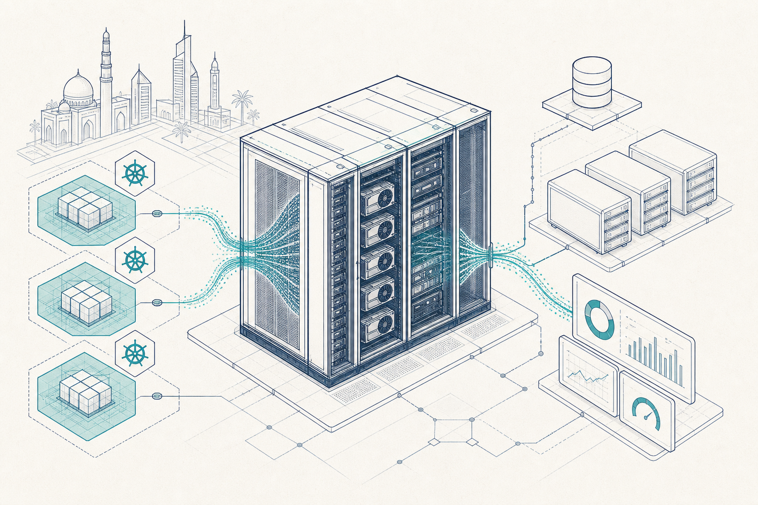 A compact GPU cluster rack with orchestration, storage, tenancy and metering layers visualised around it.