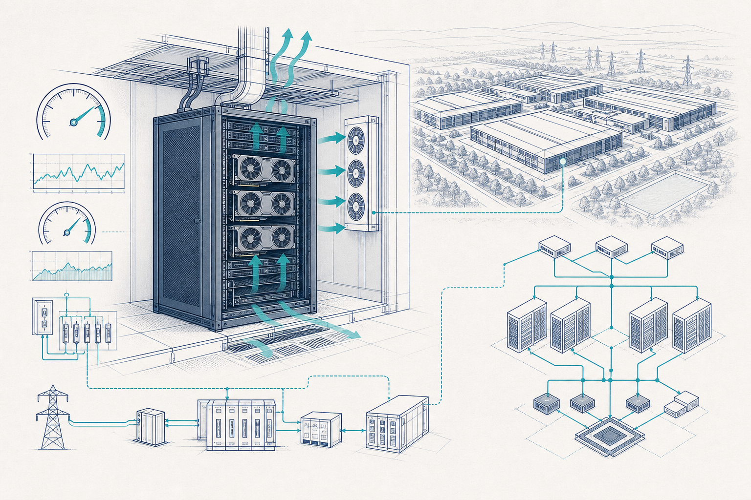 GPU racks with power and cooling instrumentation contrasted with a large AI data center campus