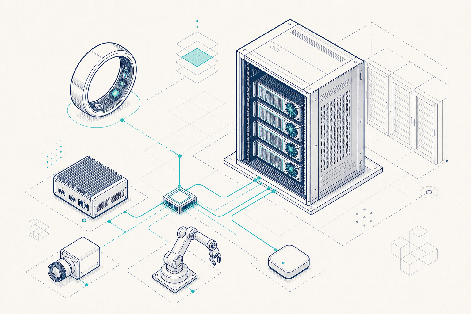 A smart ring and edge devices connected to a small on-prem GPU rack, representing edge-to-cloud AI orchestration.