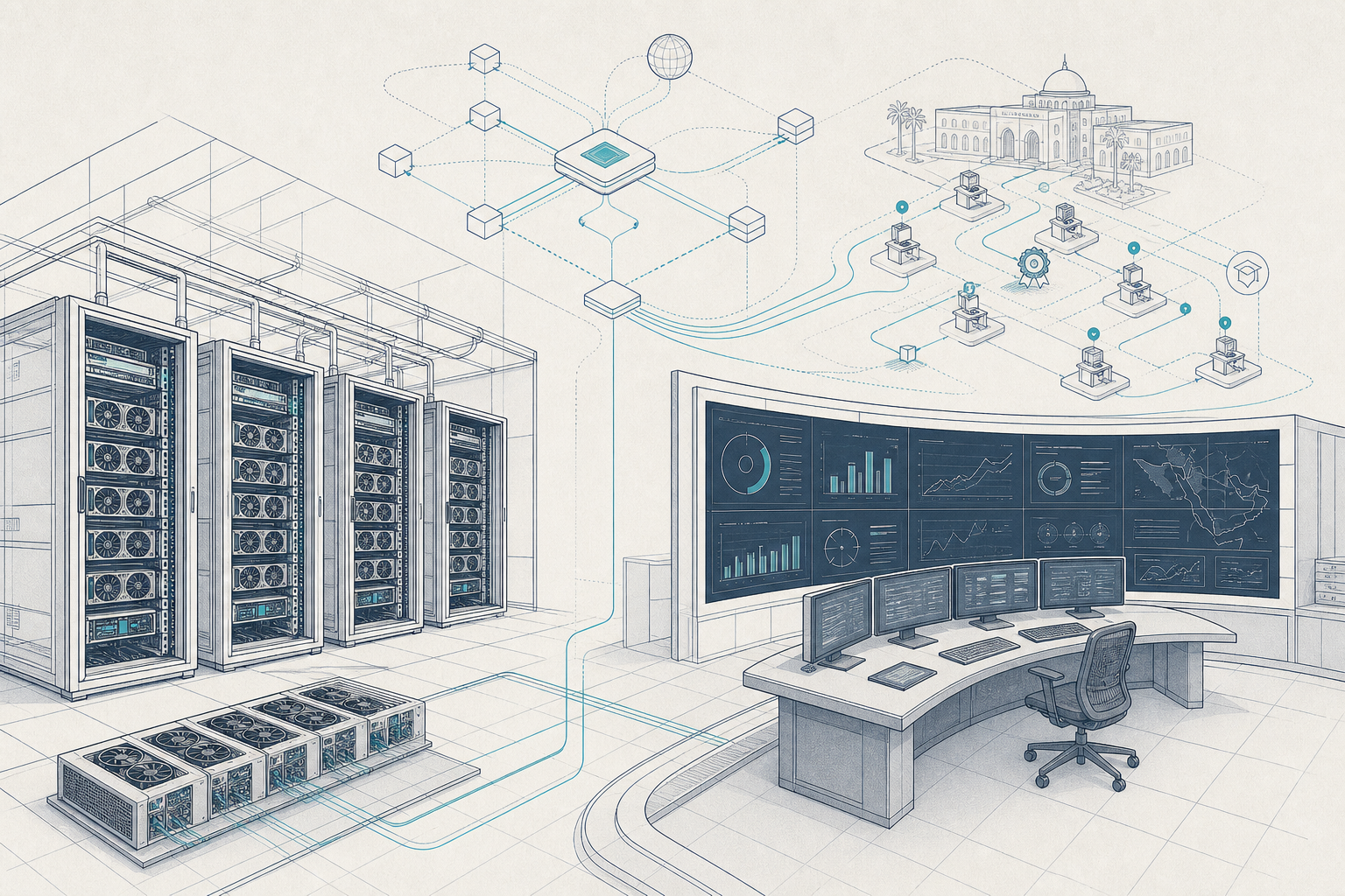 GPU infrastructure control room showing learning, quota and metering dashboards for a regional education platform