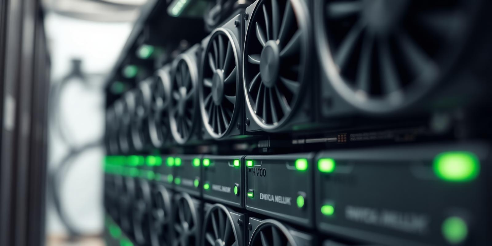 Macro view of a GPU server rack with green status LEDs